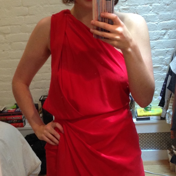 Raw Silk Red Acne Dress - One Shoulder - Size 34 - Picture 9 of 11
